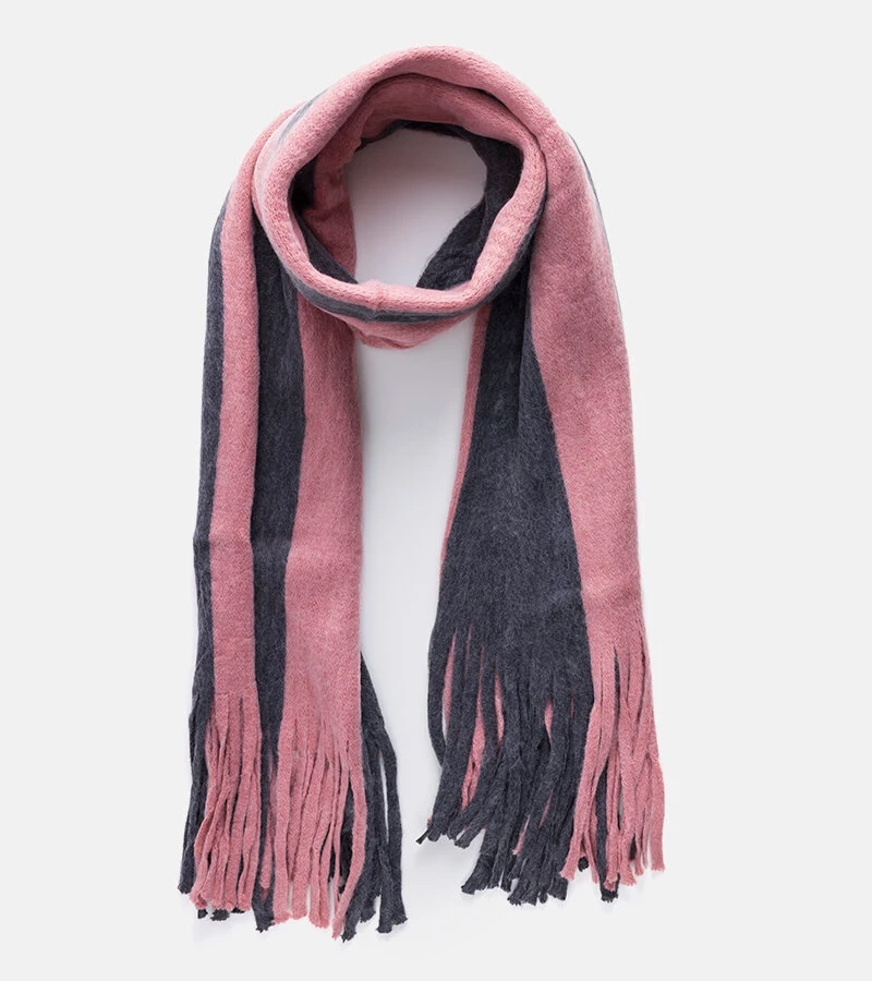 Růžovo-šedý šátek s třásněmi Lana