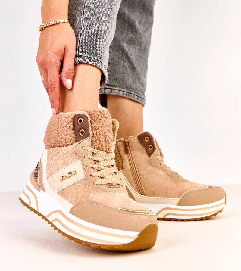 Tmavě béžové vysoké zateplené tenisky s kožíškem Mirasen