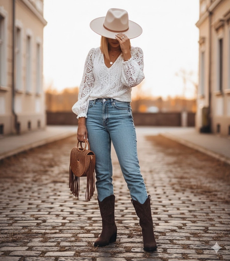 Hnědé kovbojky s ozdobnou výšivkou Cassa