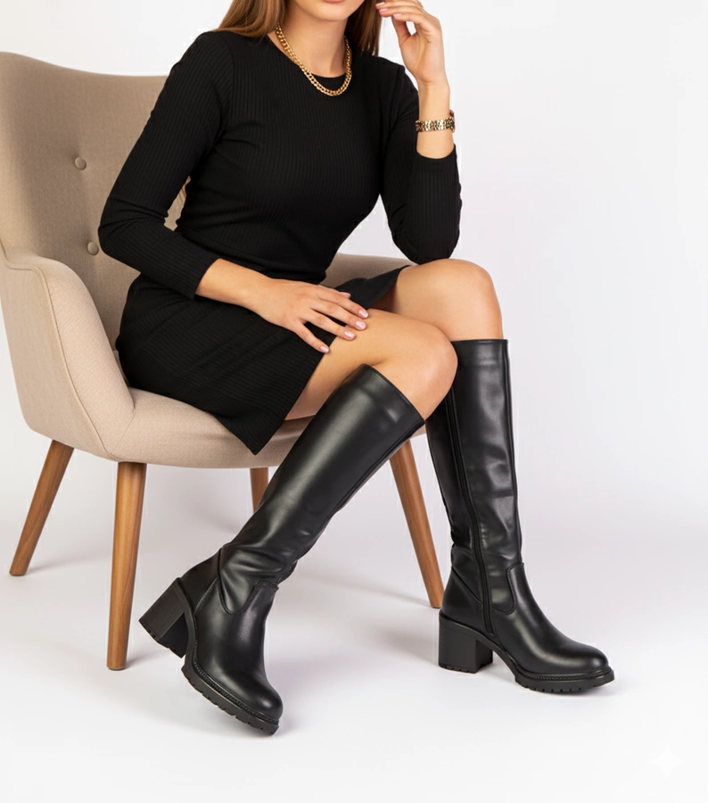 Černé kozačky na podpatku Akija