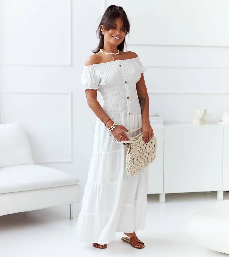 Bílé maxi šaty se záhyby Elenna