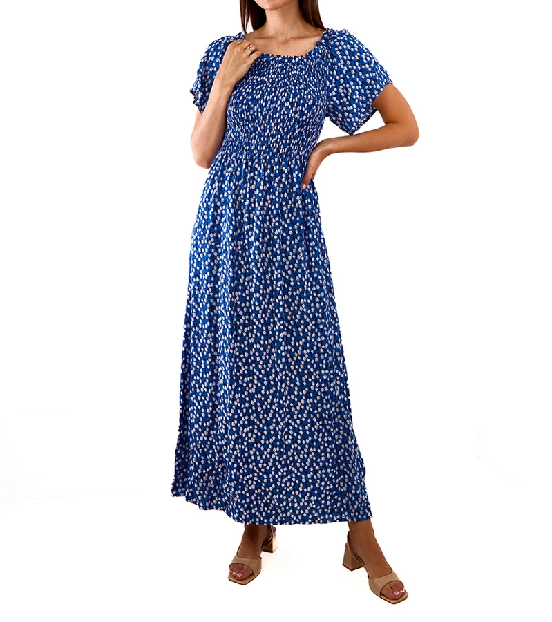 Námořnicky modré maxi šaty s drobnými květy od Hajden