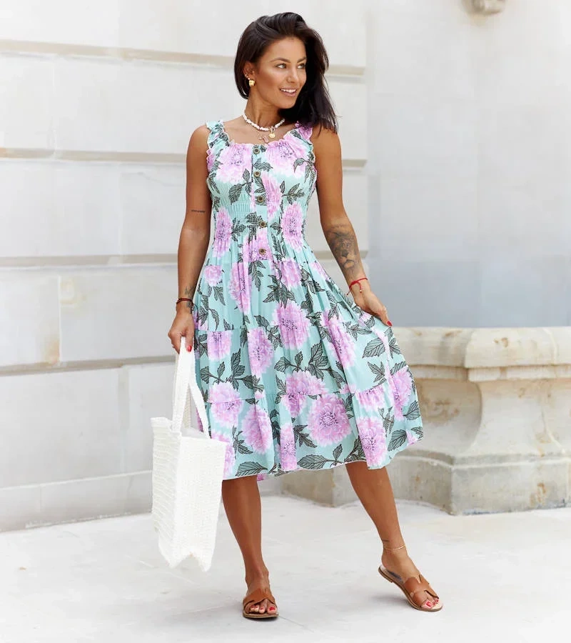 Zelené šaty s fialovými květy Coraline