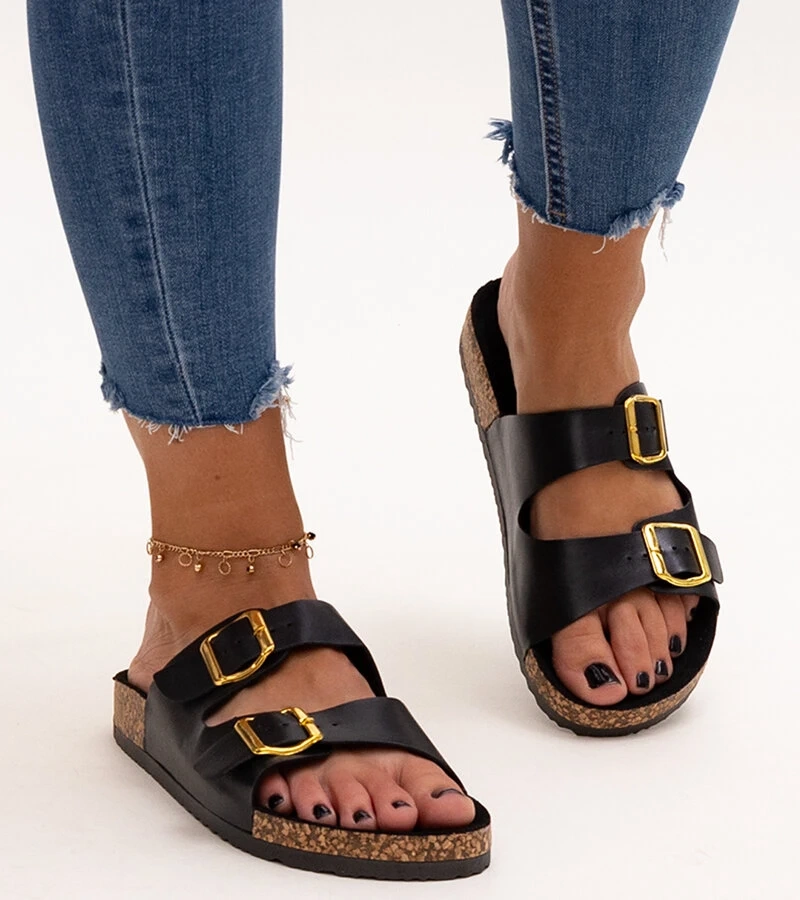 Černé pantofle na korkové podrážce Oline