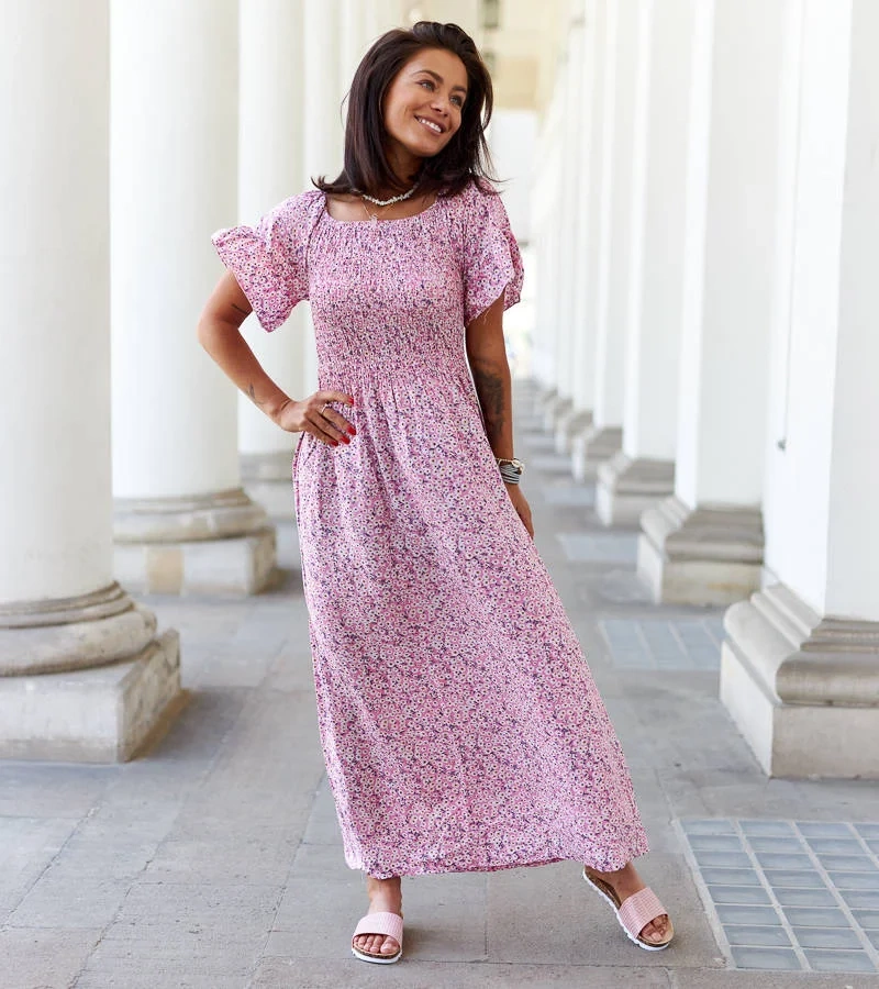 Růžové květinové midi šaty Lioba