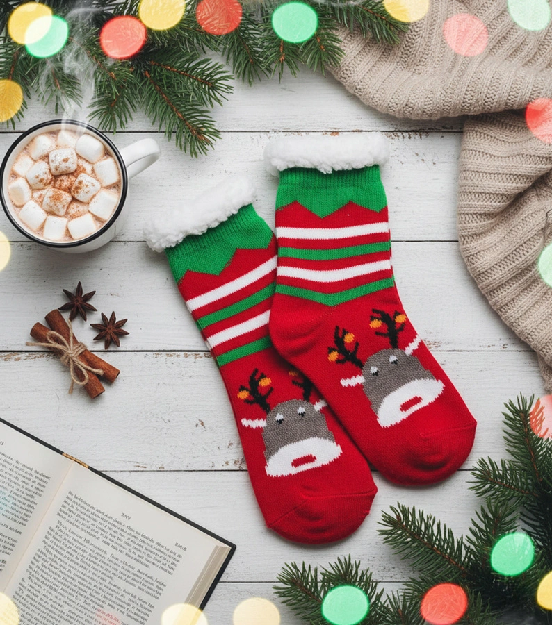 Červené zateplené ponožky se sobem Challim