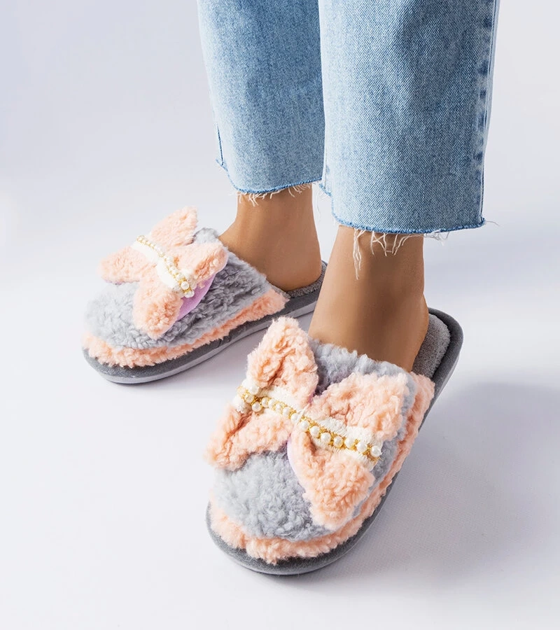 Šedě-růžové pantofle s mašličkou Bow