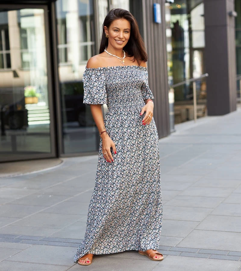 Ilario námořnicky modré květinové maxi šaty