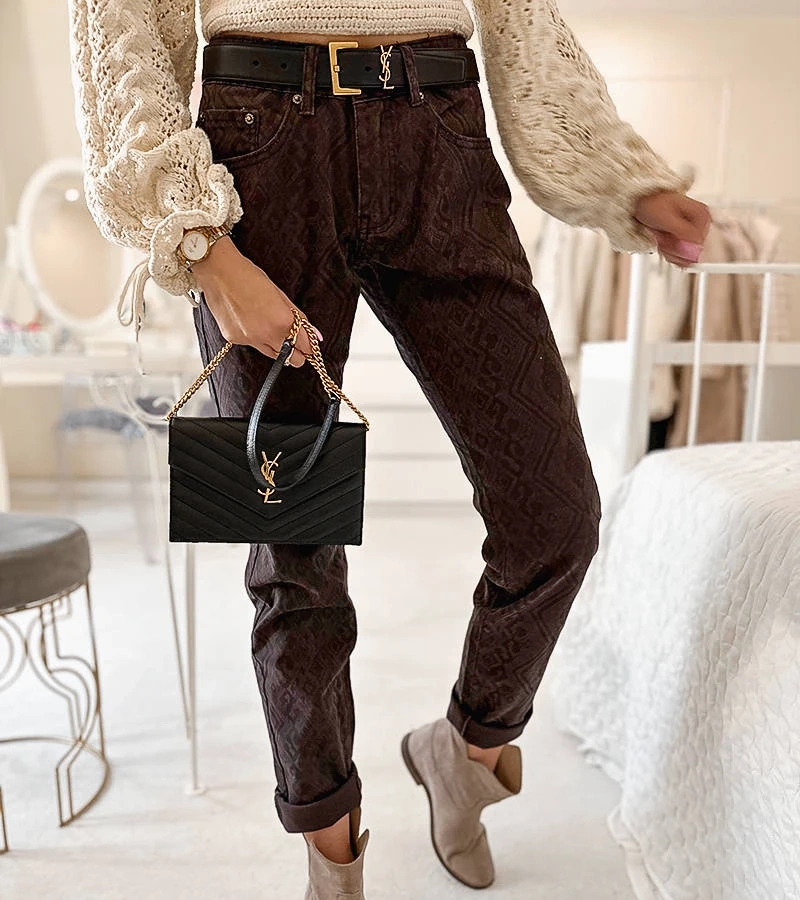 Tmavě hnědé kalhoty s páskem Pelchat