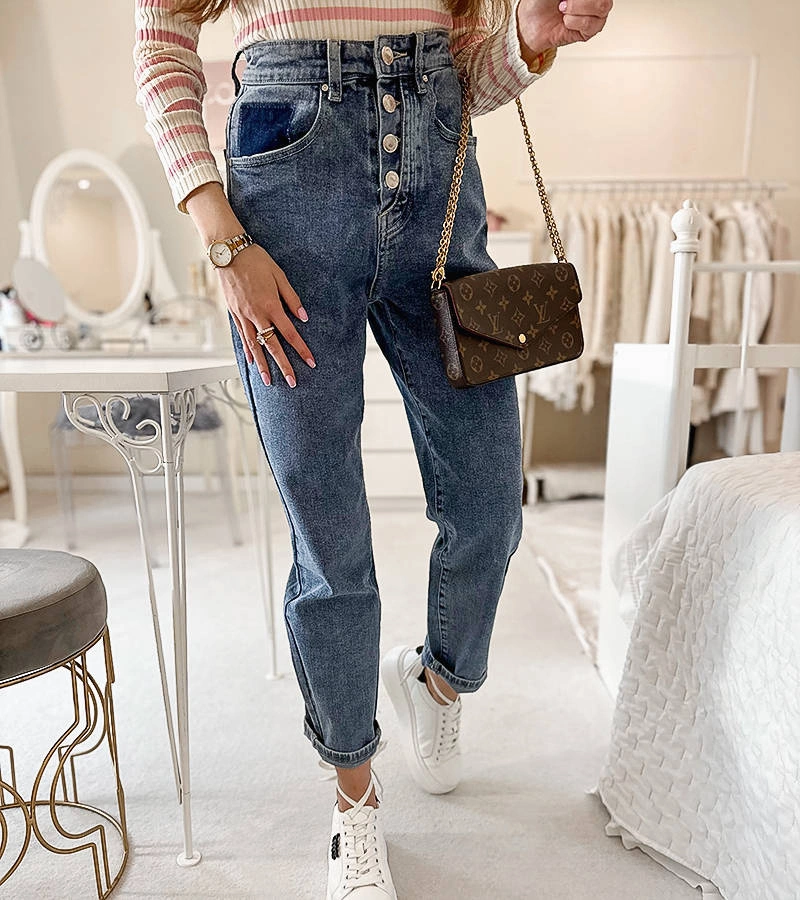 Modré kalhoty ve stylu mom jeans Leclerc