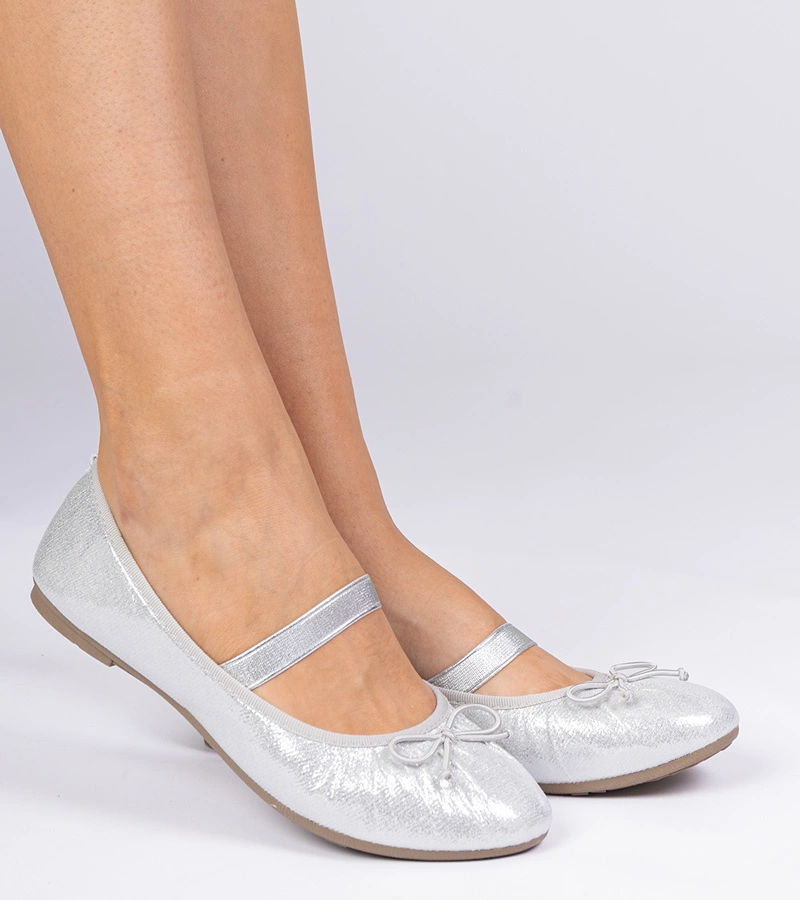 Stříbrné dámské baleríny s mašlí na gumičce Lerona