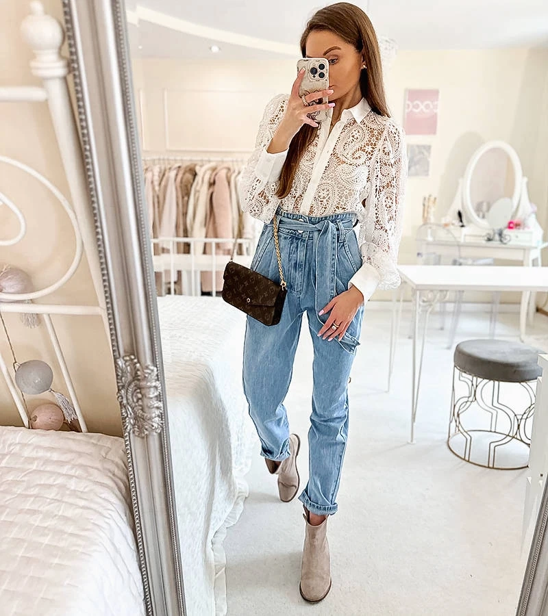 Modré paperbagové džíny Alexandre