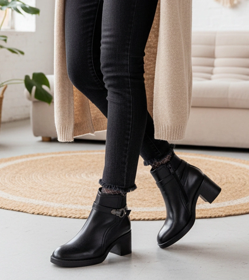 Černé kotníkové boty na podpatku s ozdobnou sponou Sanada