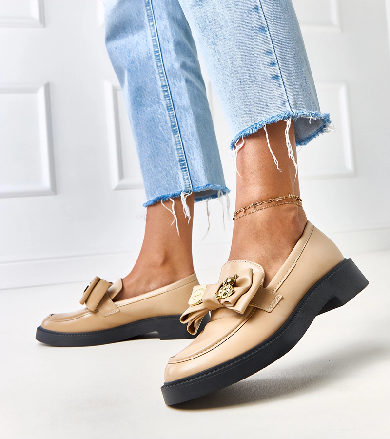 Béžové mokasíny s mašlí a medvídkem Teriwa