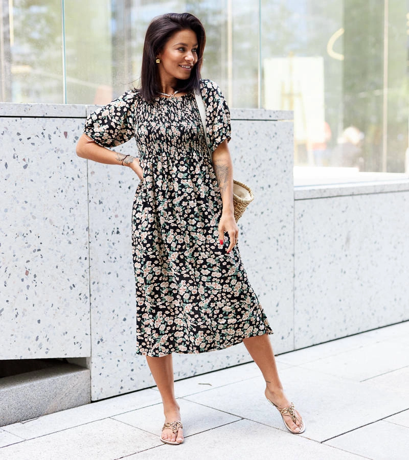 Černé květinové midi šaty Cocci