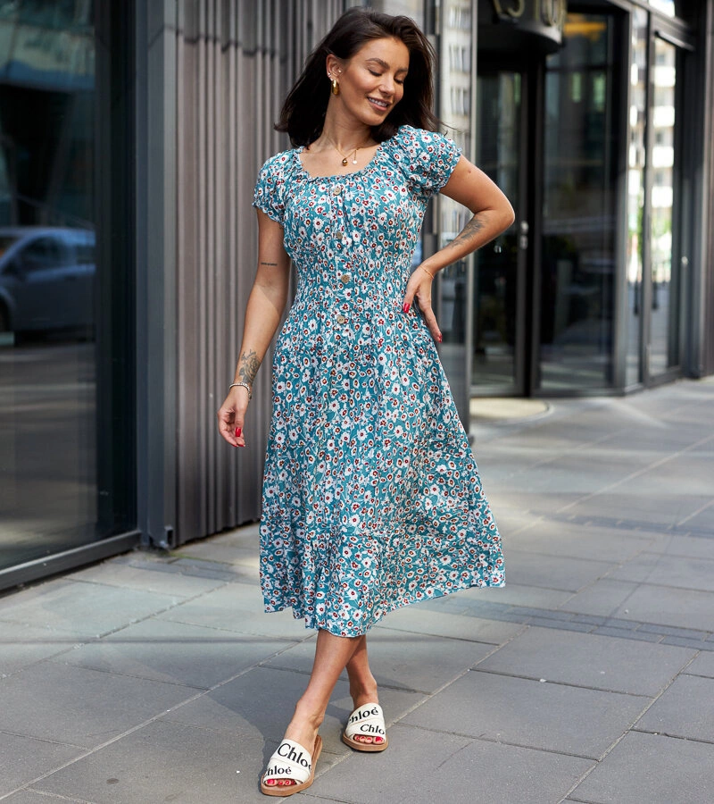 Tyrkysový květovaný midi šaty Eloize