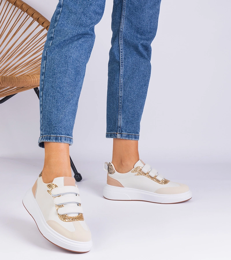 Béžové dámské tenisky na suchý zip zdobené třpytkami Kasabella