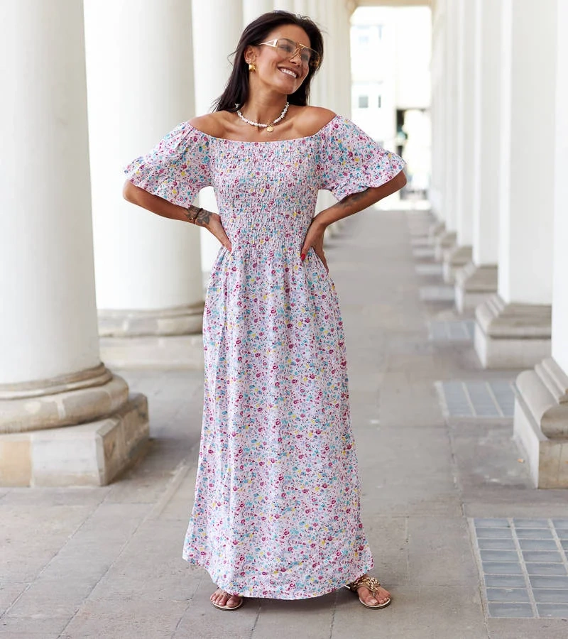 Růžové květinové maxi šaty Calabrese