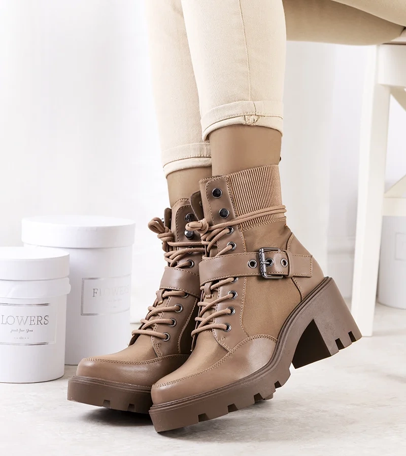 Messina hnědé traperské boty na podpatku