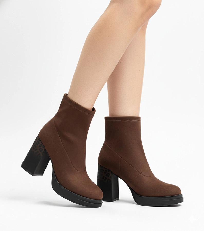 Hnědé kotníkové boty na podpatku zdobeném leopardím potiskem Delora