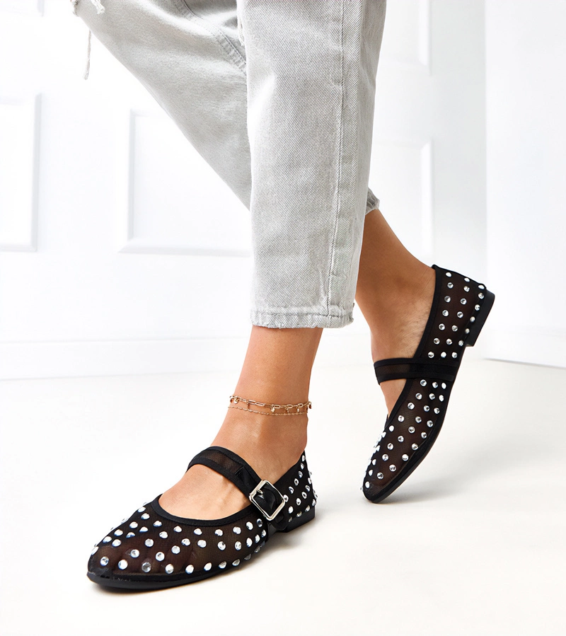 Černé síťované baleríny s krystalky Malmo