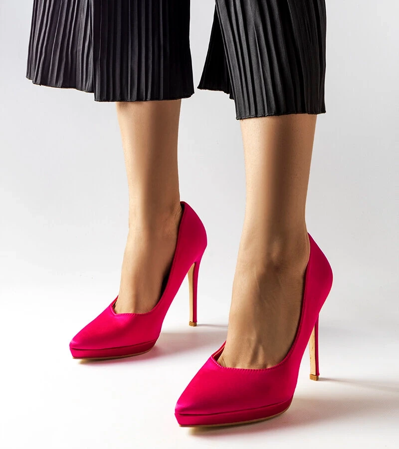 Růžové saténové jehlové podpatky Silje