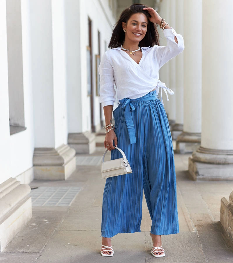 Modré dámské široké plisované kalhoty Zakia