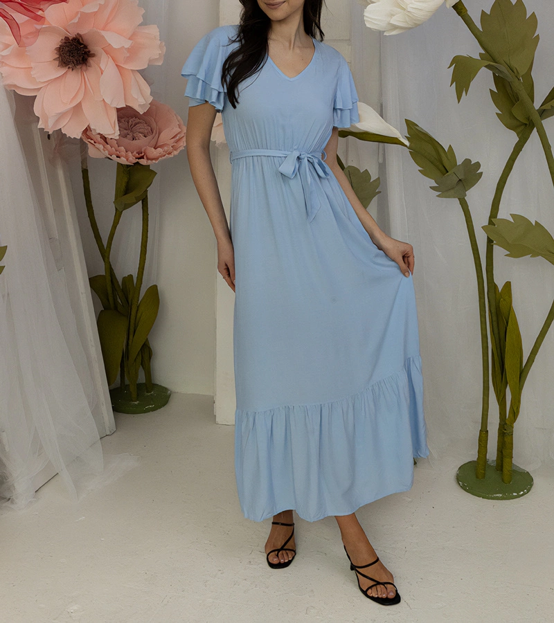 Modré maxi šaty s krátkým rukávem Akina