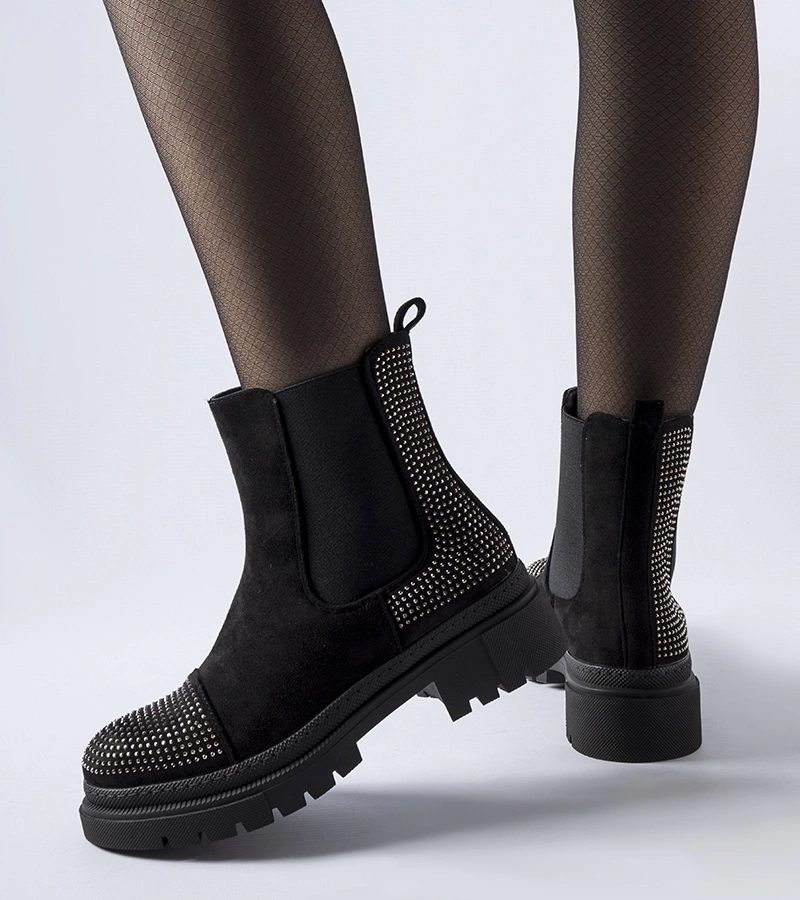 Černé botky s cirkóny eko-zamše Grinzane