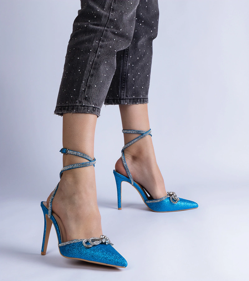 Modré třpytivé lodičky s mašlí a kamínky Merkuri