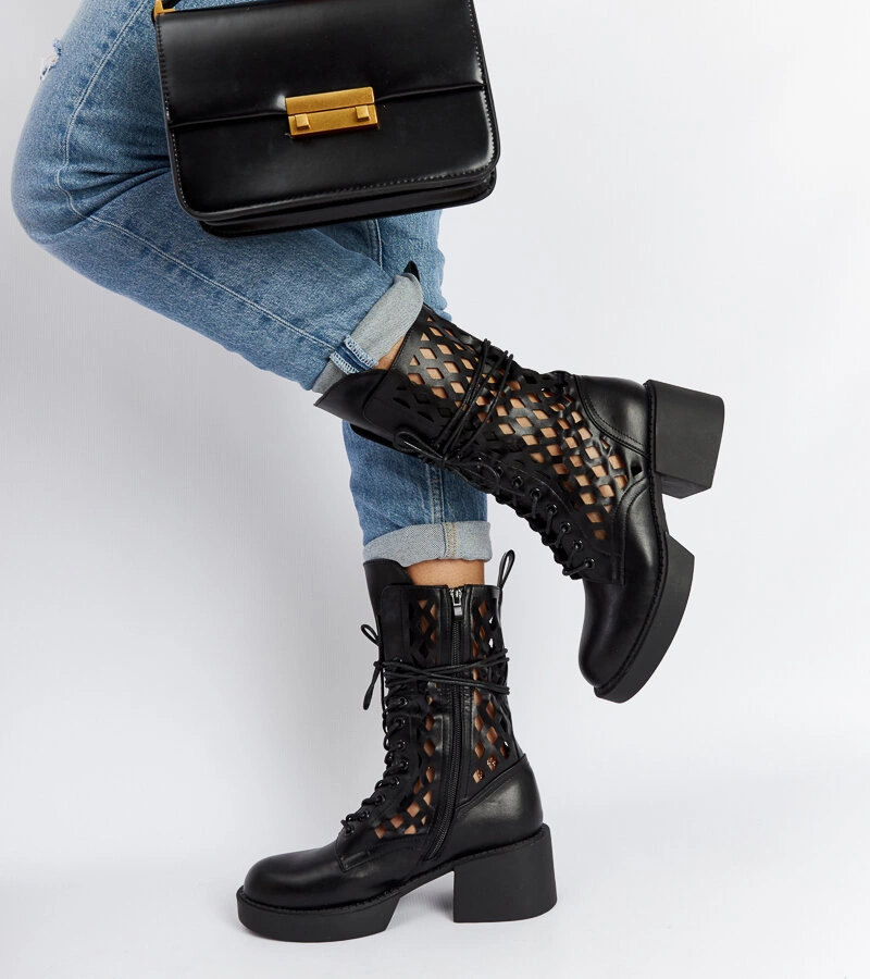 Černé ažurové boty na podpatku Visalia