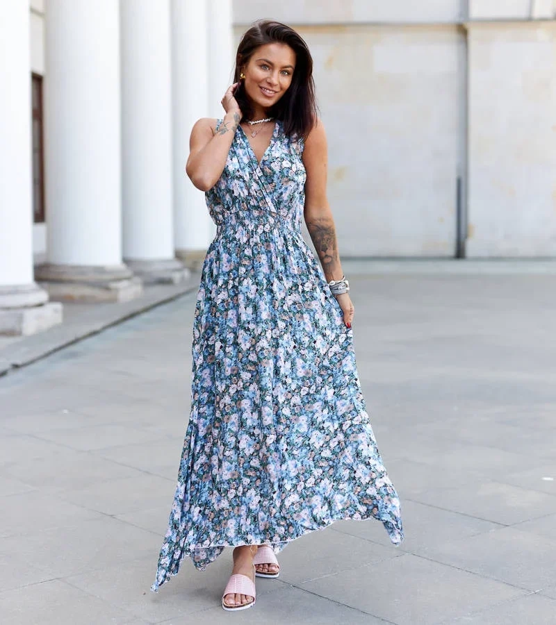 Modré maxi šaty s elastickým pasem Beneventi