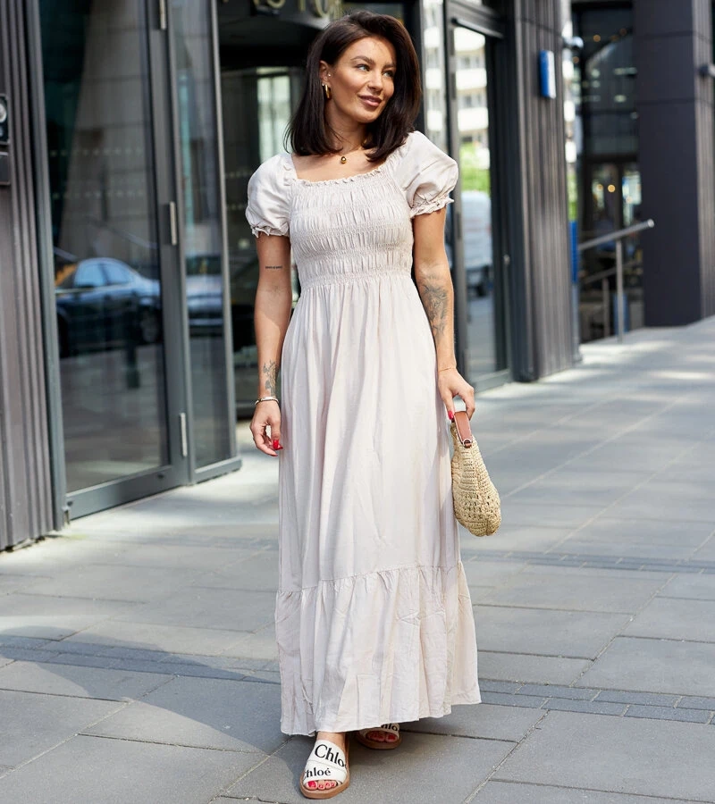 Bežové šaty s maxi drapérií Demisa