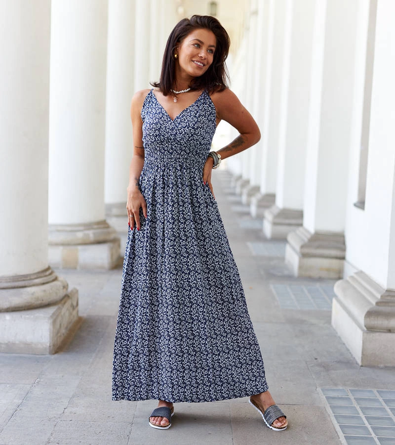 Tmavě modré květinové maxi šaty Esperia