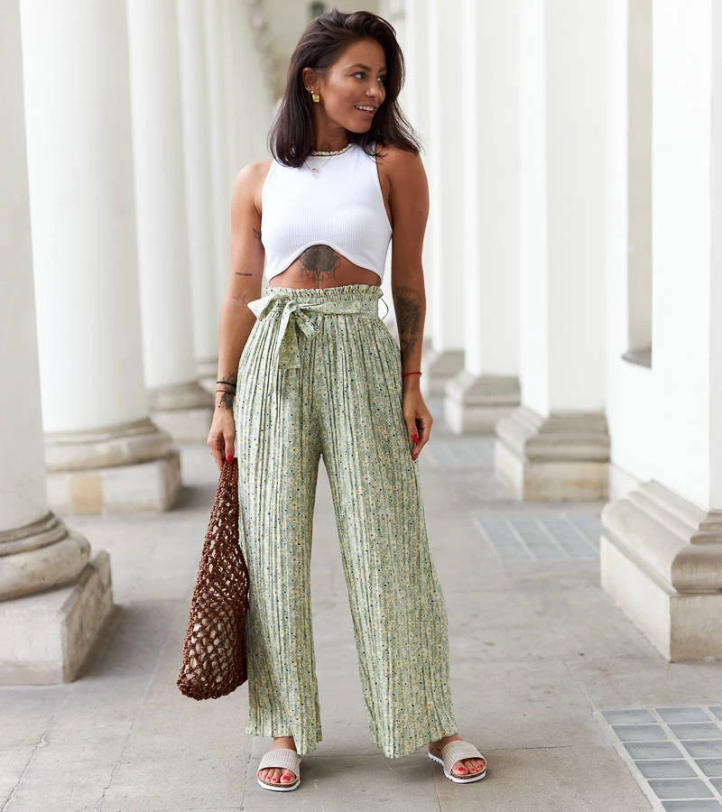 Zelené široké plisované kalhoty Pietro