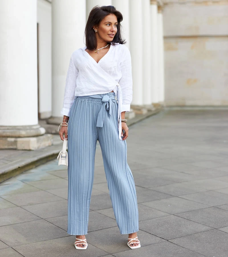 Modré dámské široké plisované kalhoty Anisa