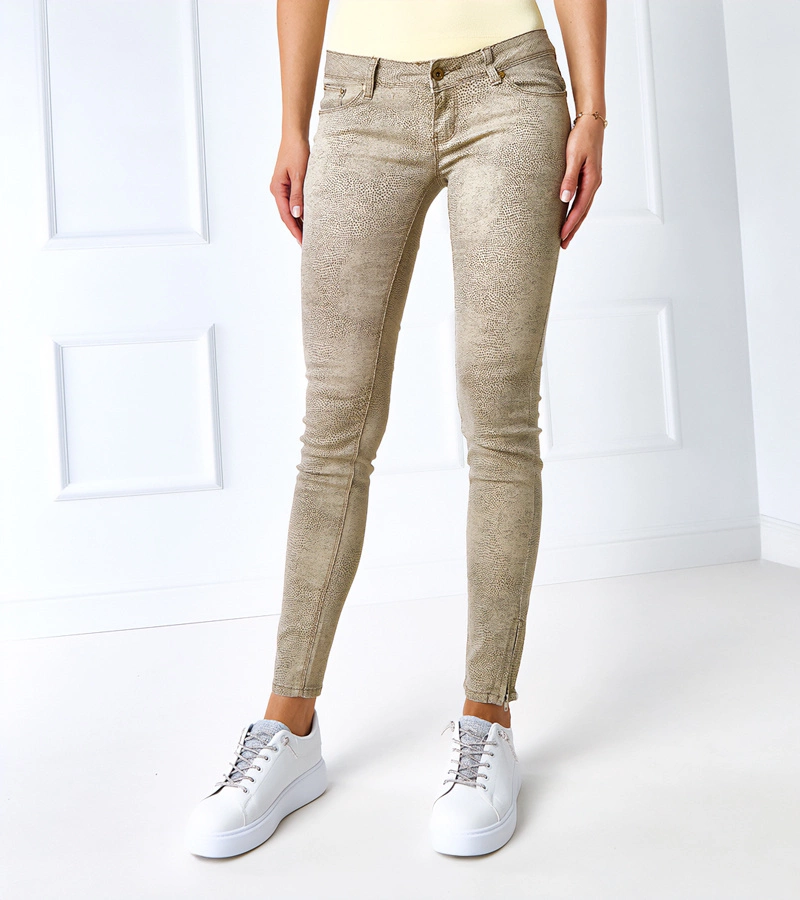 Bežové slim kalhoty s vysokým pasem Eglantine RE-040 BEIGE/LEOPARD