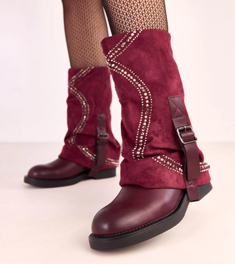 Bordové kotníkové boty s ohrnutým svrškem zdobené kamínky Ginny