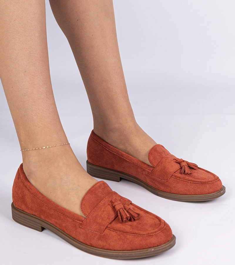 Oranžové dámské mokasíny z eko semiše s třásněmi Marimel
