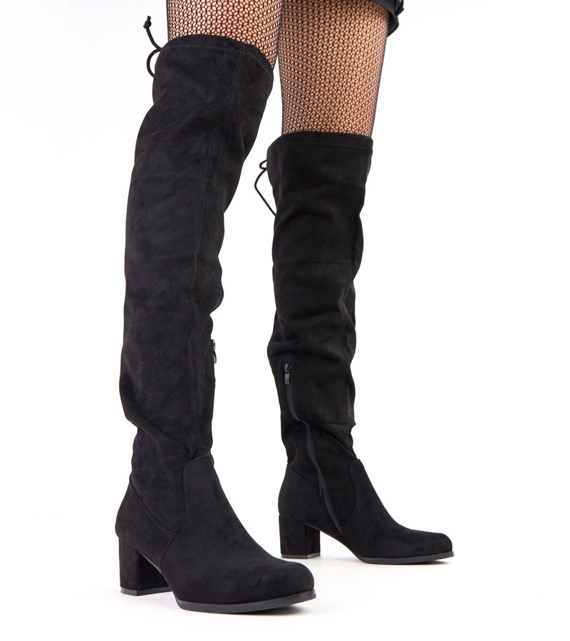 Černé kozačky z eko semiše na podpatku Melinos