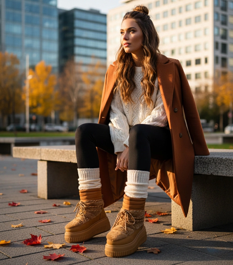 Hnědé sněhule na platformě s kožíškem na šněrování Lydia