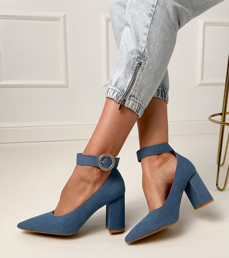 Džínové lodičky na podpatku s přezkou a kamínky Vellus