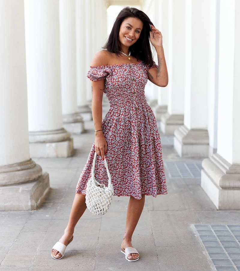 Oranžové květinové midi šaty Sauro