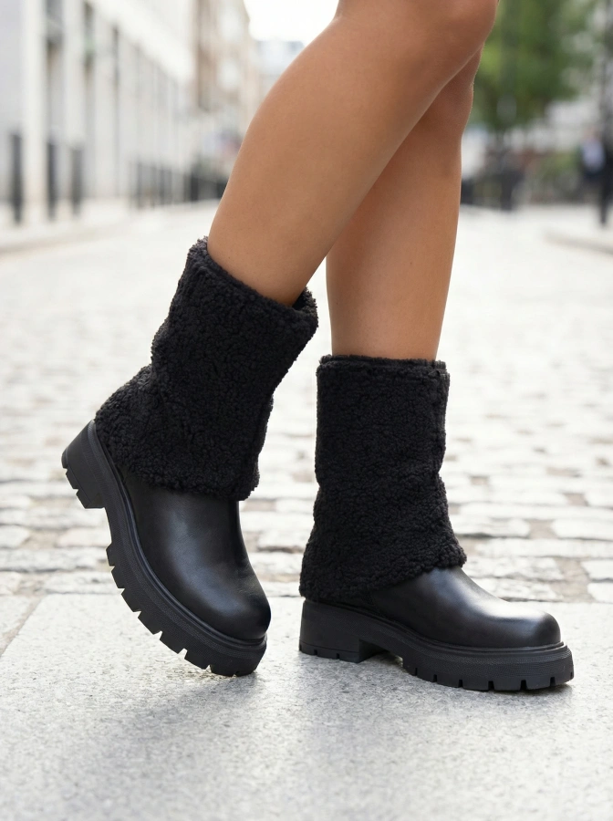 Černé kotníkové boty s ohrnutým textilním svrškem Darlene