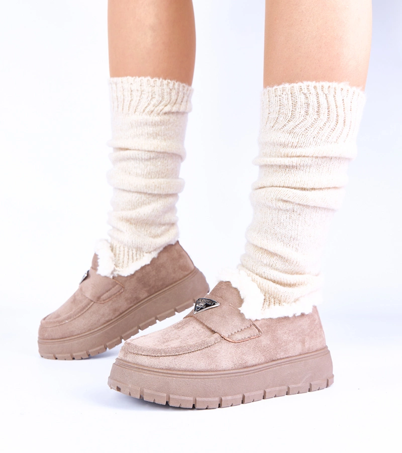 Tmavě béžové mokasíny na platformě zateplené kožíškem Kirby