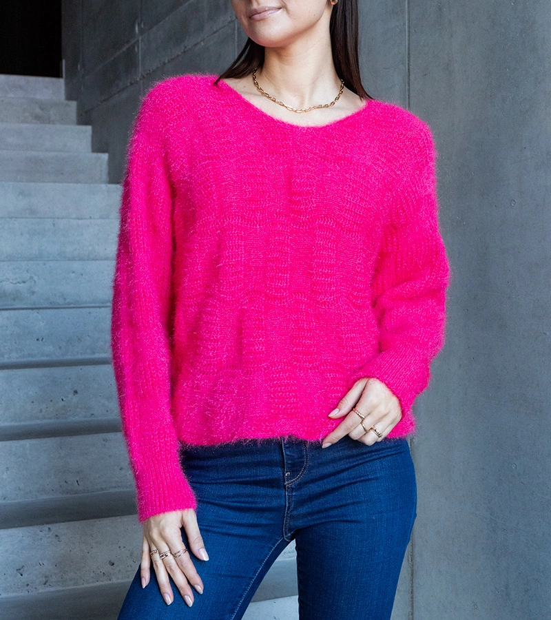 Fuchsiový svetr s výstřihem Neveri