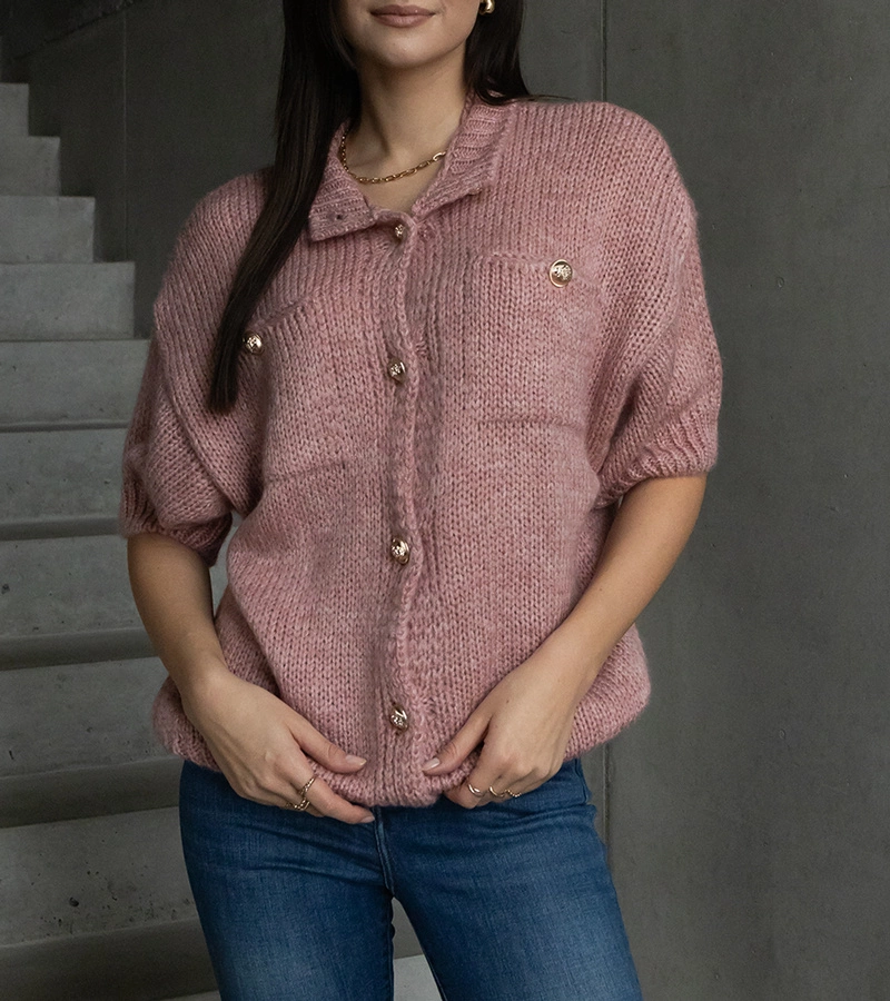 Růžový dámský svetr s krátkým rukávem ozdobné knoflíky Shela