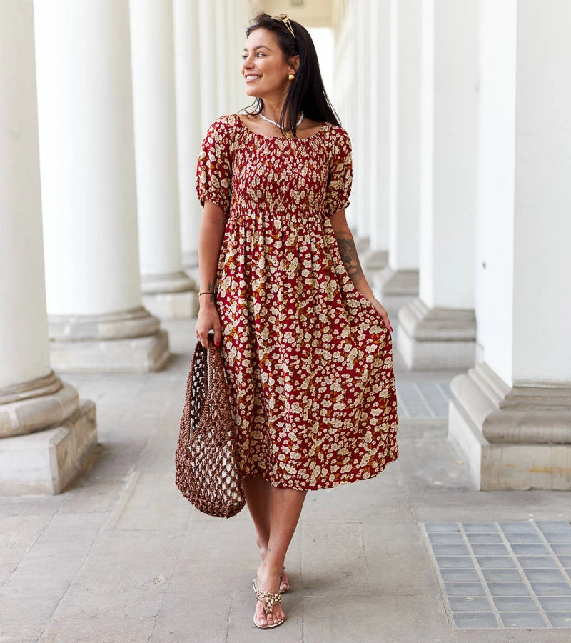 Cocci červené květinové midi šaty