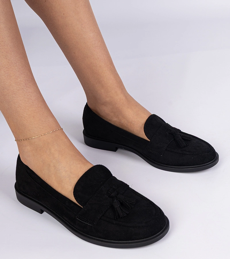 Černé dámské mokasíny z eko semiše s třásněmi Marimel