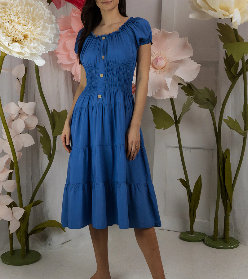 Modré midi šaty s krátkým rukávem Marisla